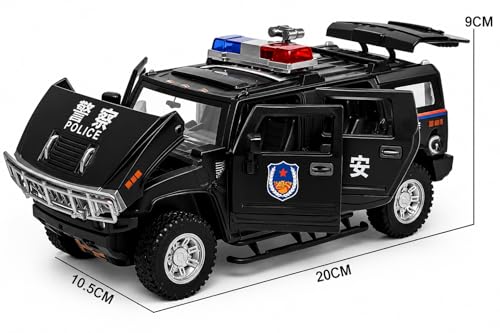 Image of WORSHIPER 1:32 Six-Wheeled Police Hummer Die Cast Metal Toy Car with Sound & Light, Openable Doors, Pull Back Action, Collectible Toy Vehicle for Kids (1 /32 Hummer Police CAR (Black)