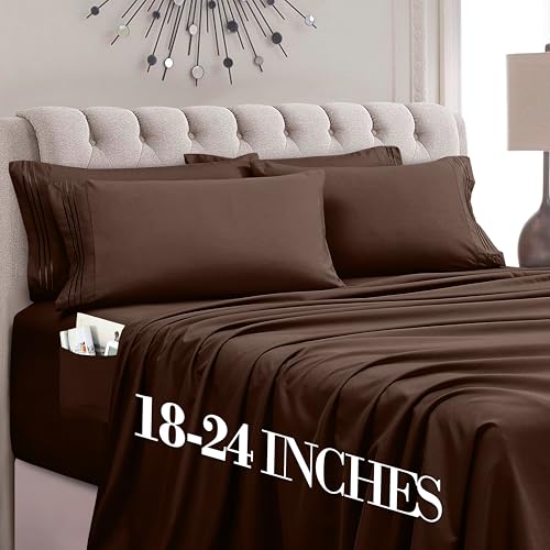 Image of Mocassi Luxury 6-Piece Sheet Set, Ultra Soft 1800 Premium Hotel Quality Microfiber Sheet Set, Fits Mattresses Up to 18 to 24 Inches Extra Deep Pocket - Breathable and Secure Fit, Cal King, Brown