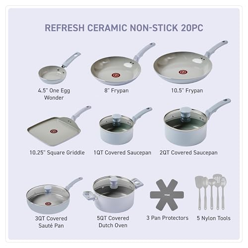 Image of T-Fal Refresh Ceramic Nonstick Cookware Set, 20-Piece, Oven Safe to 350F, Includes Stockpot, Griddle, Frying Pans, Utensils, Ceramic Pots and Pans Set, Blue