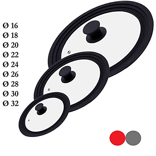 M.S.N Lot de 3 couvercles, en verre, pour casseroles et poêles d'un diamètre de 16/18/20 cm, 24/26/28 cm et 28/30/32 cm, avec soupape d'échappement et bord en silicone, noires