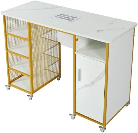 Nail Desk for Nail Tech w/Electric Dust Collector, Rolling Manicure Table w/Lockable Wheels, Storage Drawers, Wrist Cushion for Manicure Beauty Salon Workstation