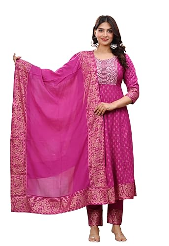 Women's Embroidered Anarkali Kurti Pants Set with Cotton Dupatta Flared Long Ethnic Dress for Partywear