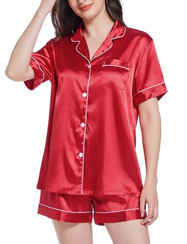 Gemschest Women Silk Satin Pyjamas Set: Ladies Pajamas Bottoms Short Sleeve 2 Piece Pjs Soft Button-down Woman Nightwear Silky Womens Sleepwear Bride Loungewear Shorts Set Red XL