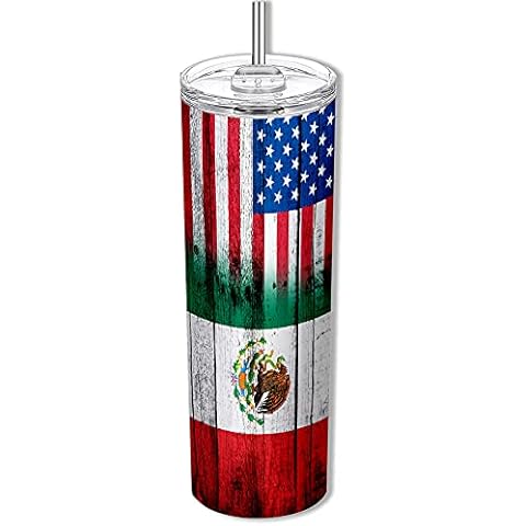 ExpressItBest 20oz Skinny Tumbler with Flag of Mexico (Mexican) - Wood & USA Cover