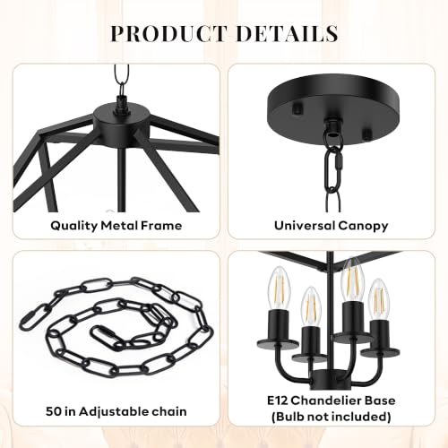 Image of 4 Light Black Chandelier, Industrial Farmhouse Lantern Cage Ceiling Light, Adjustable Height Rustic Geometric Hanging Light for Kitchen Island, Dining Room, Entryway, Hall, Sloped Ceiling