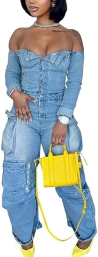 LETSVDO Denim Jumpsuit for Women Sexy Long Sleeve Off Shoulder Ca...