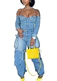 LETSVDO Women 2025 Fall Long Sleeve Denim Jumpsuit Sexy Off Shoulder Tube Loose Jean Romper Playsuit Night Out Baddie Outfits