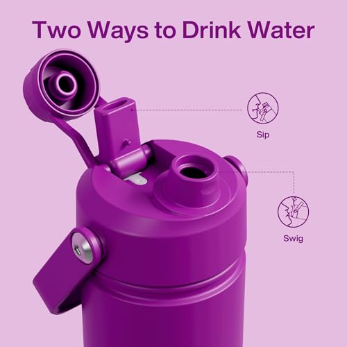 Image of Kids Insulated Water Bottle with Straw - 12oz Stainless Steel Water Bottle with Dual Spouts, Leak-Proof, BPA-Free, Double Wall Vacuum Keeps Cold for 24 Hours for Sports, Travel (Bright Magenta)