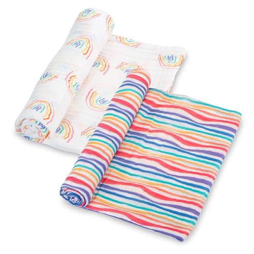 Image of LollyBanks Baby Blankets 2 Pack, 100% Organic Cotton Muslin Swaddle Blankets for Boys and Girls, Soft and Breathable 47 x 47 Inches Newborn Receiving Blanket, Baby Registry (Rainbow and Colorful Wave)
