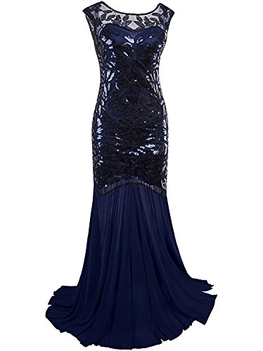 Vijiv 1920s Long Prom Dresses Sequins Beaded Art Deco Evening Party V Neck Back