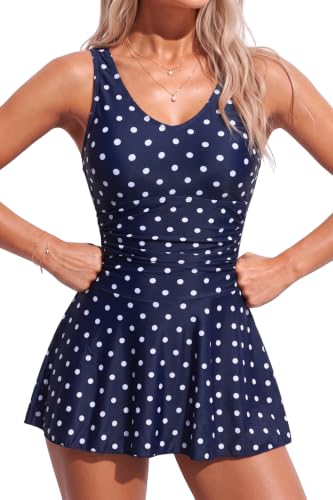 Image of Yonique One Piece Swimsuits for Women Modest Tummy Control Swimdress Vintage Bathing Suits Skirt Swimwear