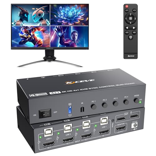 YOUTINGHDAV conmutador KVM Quad View 4 puertos HDMI, conmutador KVM Multi View, 4 PC comparten 1 pantalla, ratón, teclado, sincronización, modo PIP, 4K@30Hz, incluye mando a distancia inalámbrico