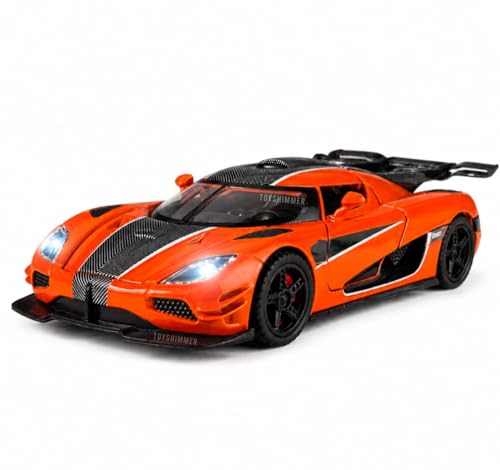 Image of 1:32 Scale Die Cast Sports Car Model - Metal Body Pull Back Toy Car with Openable Doors, Realistic Design for Kids & Collectors (Koenigsegg one Style, Color -Orange)
