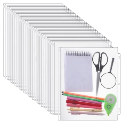 40 Pcs A4 Letter Size Translucent 3 Ring Binder Zipper Document Organizer, 3 Holes Page Sheet Protector Bags, Waterproof PVC Loose Leaf Binder Sleeves, for Notes File Bill Ticket