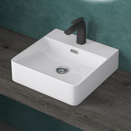 doporro Lavabo à Poser Blanc Vasque Suspendu en Céramique Lave Mains Carrée de Qualité pour Salle de Bain 42x42x12cm Meissen201-420