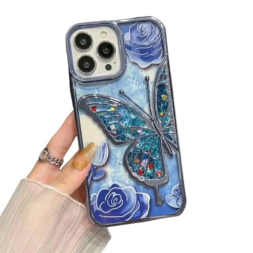 Coque iPhone 14 paillettes dégradé bleu avec papillon 3D antichoc et design fleuri