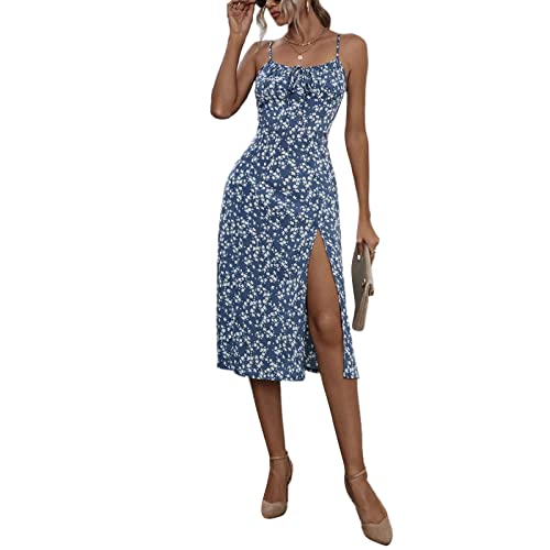Felcia Damen Spaghettiträger Midi-Kleid, figurbetont, ärmellos, Bustier, Cami-Kleid, Sommer, A-Linie, Party, Cocktail, Strandkleid, J-blue, M