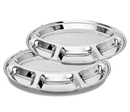 Khandekar Pack of 2 Stainless Steel Round Dinner Plate with 4 Compartment, Food Divided Plate, Cafeteria Mess Tray, Steel Section Plates for Hiking, Camping, Picnic - Silver, 11.5 inch