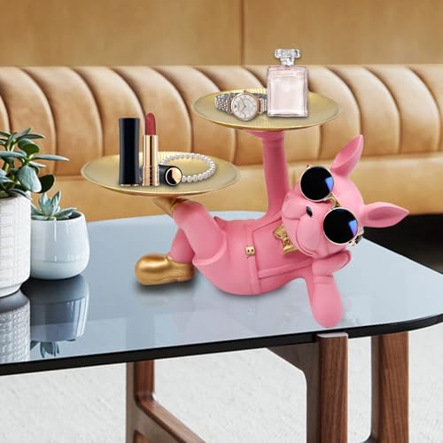 Estatua de Bulldog Francés en Resina con Bandeja Rosa miniatura 5