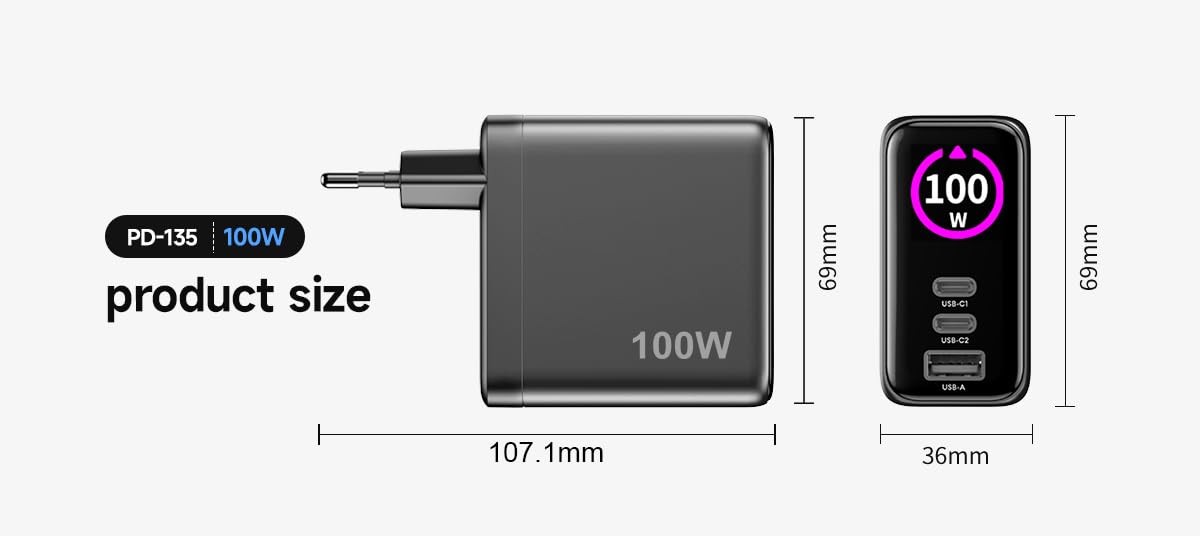 Celly - GaN Ladegerät 100 W mit LED-Display und 3 USB-C-/USB-A-Anschlüssen, ultraschnelles Aufladen für mehrere Geräte