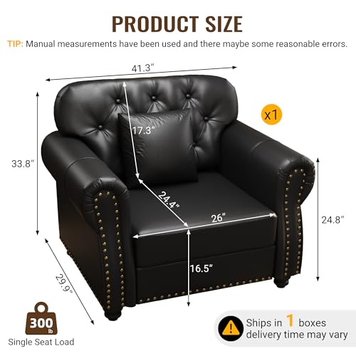 Image of KEIKI 41 inch Faux Leather Chesterfield Sofa with Rolled Arms & Nailhead Trim, Modern Style 1-Seater Button Tufted Couch with High Resilience Cushion & 1 Pillow, Easy Assembly, for Living Room, Black