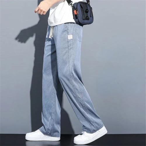 Men's Summer Thin Denim Jeans Loose Straight Fit Drawstring Elastic Waist Korean Casual Trousers Plus Size2