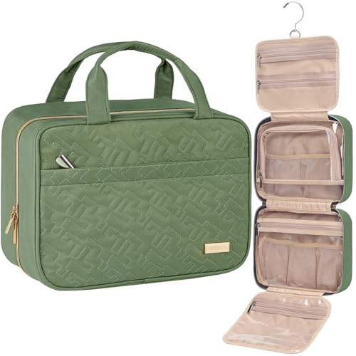 Image of NISHEL Travel Toiletry Bag for women, Portable Hanging Organizer for Travel-Sized Shampoo, Conditioner, Brushes Set, Makeup Accessories, Medium Size, Purple, Bronze Green