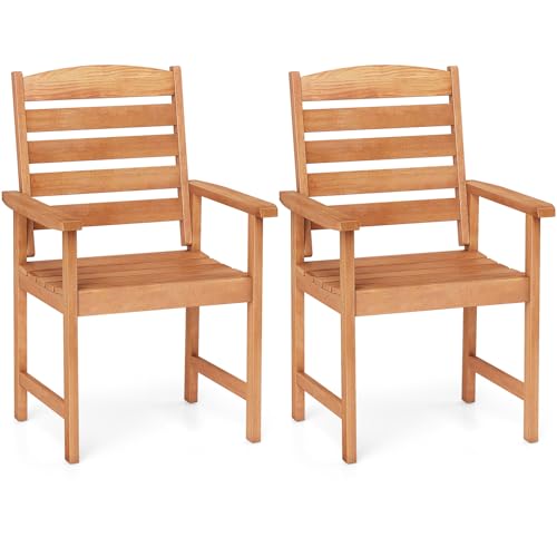 Tangkula Wood Patio Dining Chairs Set of 2, Wooden Outdoor Dining Chairs with High Backrest & Slatted Seat, Outdoor Furniture Armchairs for Deck, Garden, Porch & Backyard, (Thick Horizontal Stripe)