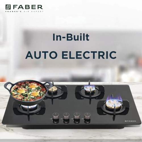 Image of Faber 4 Burner 90cm Hob /Cooktop Hybrid | Auto-Ignition| Metal Knobs|Cast Iron Pan Support|Black Glass Finish |5 Yrs Warranty on Glass,Valve & 2 Yrs on Burner by Faber| HOB PRIME HT904 CRS BR CI AI IN