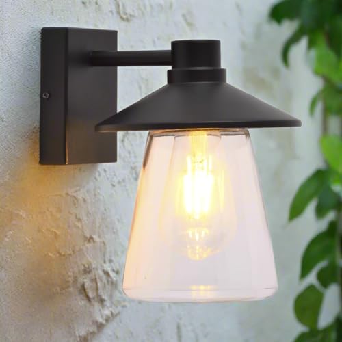 CGC Lighting Aplique de pared exterior con forma de campana, difusor de cristal transparente, E27, IP54, alimentación de red (Negro)
