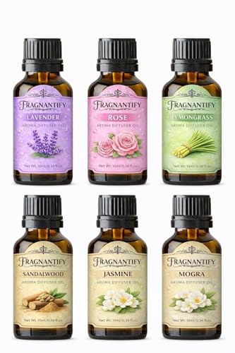 Image of Aroma Diffuser Oil Set, Essential Oils for Home Fragrance, Rose, Lavender, Lemongrass, Jasmine, Mogra & Sandalwood, 6 Bottles, 10ml Each, for Diffuser, Spa & Meditation
