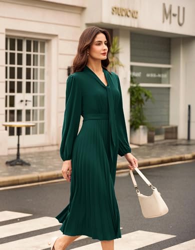 GRACE KARIN Womens 2025 Fall Long Sleeve Dress Casual V Neck Pleated A Line Flowy Midi Dresses2