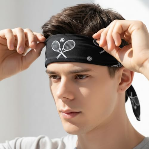 Image of Sweatband Headband for Men and Women | Moisture Wicking Sports Head Tie | Athletic Head band for Tennis Running Gym Cycling | Adjustable Paisley Headband for Long Hair Sports