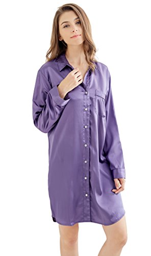 Women’s Sleep Shirt, Satin Pajama Top Long Sleeve Nightshirt from Tony 
