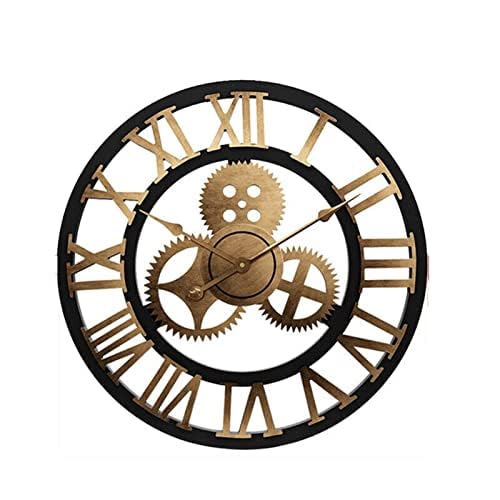 Wall Clock Big Roman Numerals Hanging Clock 60cm/24 Inch Giant Open Face Indoor Wall Clock Wood 3D Gear Clock Vintage Industrial Wall Clock for Home Office Gold
