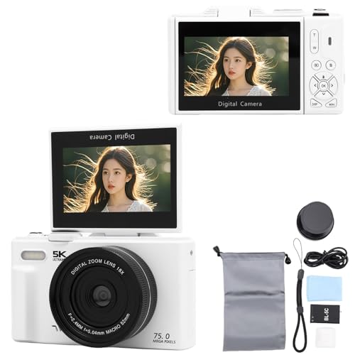 BuyWeek Cámara Digital 5K 75MP con WiFi, Cámara de Vlogging HD con Enfoque Automático y Zoom de 18X con Pantalla Abatible de 180° de 3 Pulgadas, Modo Belleza, Luz de Relleno LED (Blanco)