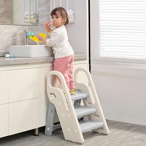 Onasti Foldable Step Stool For Bathroom Sink, Adjustable 3 Step Stool For Kids Toilet Potty Training Stool With Handles, Child Kitchen Counter Stool Helper, Plastic Ladder For Toddlers Grey thumb #1