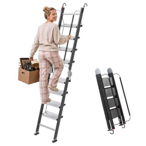Foldable Loft Ladder Stair with Handrails Fits 6-7.2ft High Black
