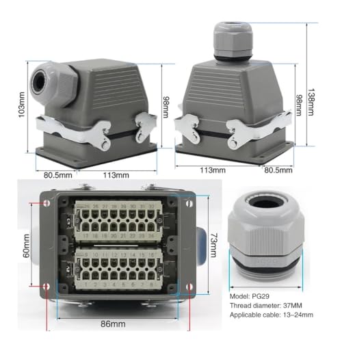 Conector rectangular de 32 pines HDC-HE-032 de 16A para cableado industrial de 500v 3