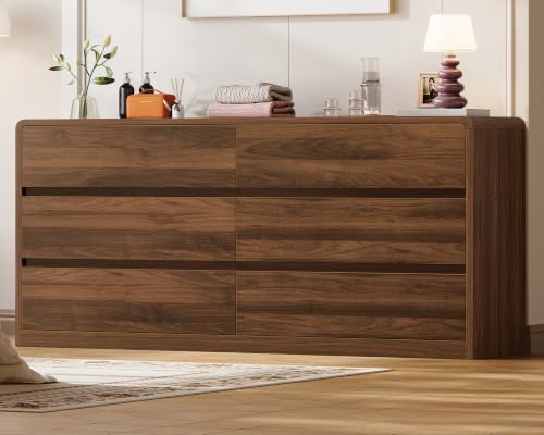 Image of TEENFON 55 inch Dresser for Bedroom with 6 Drawers, Dressers & Chests of Drawers with Curved Profile Design, 6 Drawer Dresser, Bedroom Dressers, Wood Dressers for Bedroom, Hallway, Walnut