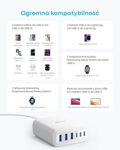 Anker USB-C Charger, stacja ładująca 6-portowa z wyjściem 112 W, do iPhone'a 16/15/14/13/12 Series, MacBook Air, Pixel, Galaxy, iPad i więcej (kabel nie jest dołączony)