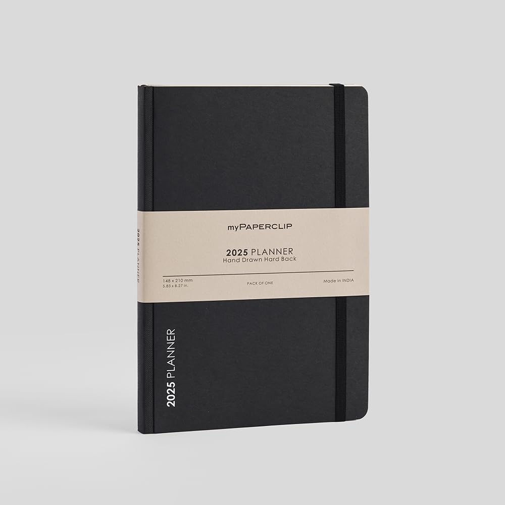 2025 Weekly Planner D2, Section Thread Bound, Hand Drawn Hard Back, A5 (148 x 210 mm, 5.83 x 8.27 in), Black Spine