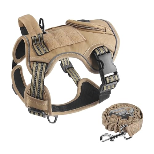 Tactical Dog Harness and Leash Set for Small Medium Large Dogs Reflective Pet Harness Waterproof Adjustable Dog Vest Handle Bag Night Easy Walk Hiking Training (Brown + Dog Leash, Small)