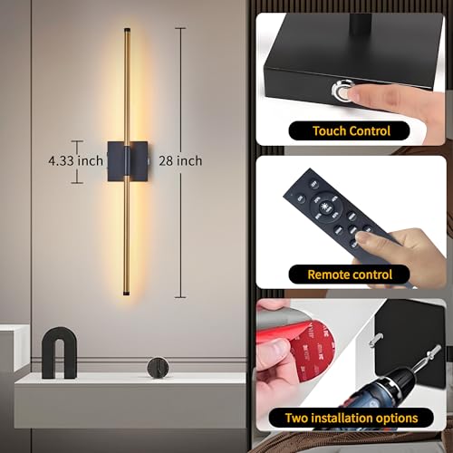 Image of 15800 mAh Battery Operated Wall Sconces with Remote Control Dimmable Wall Sconces Set of Two 3000K LED Brass Gold and Black Wireless Wall Light Battery Powered Cordless Rechargeable Sconces Decor
