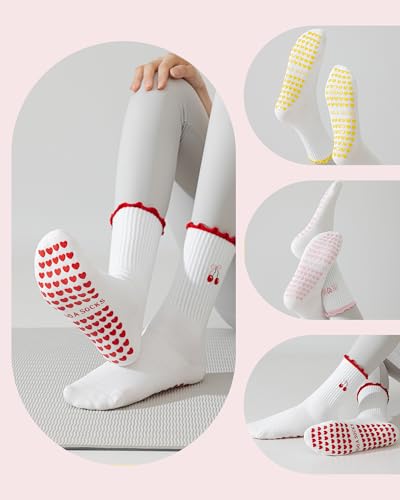 Image of 3 Pairs Pilates Socks with Grips for Women Non Slip Grip Ruffle Yoga Ankle Grippy Socks