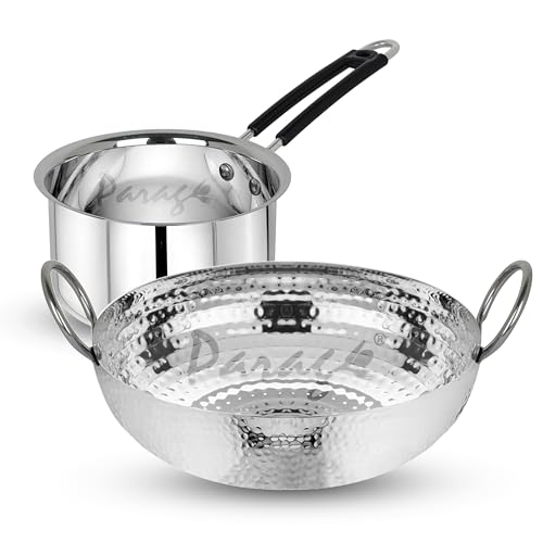 Image of Parage 2 Pieces Stainless Steel Hammered Kadhai & Sauce Pan with Heavy Bottom for Kitchen /Utensils, Cooking, Deep Frying | Gas Stove Friendly Cookware (Capacity-1.2 LTR & 1 LTR, Silver)