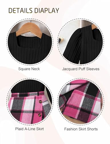 Image of AGAPENG Girl Skirt Sets 3 Piece Outfits Square Neck Jacquard Puff Sleeve Tops Plaid Mini Skirt Shorts Fall Winter Clothes
