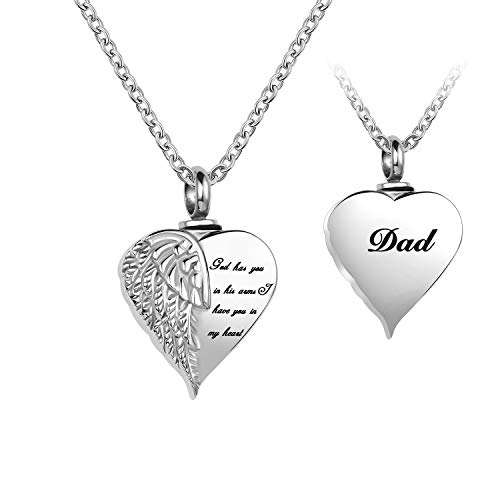 LuxglitterLin Angel Wing Heart Cremation Urn Necklace for Ashes Dad Keepsake Memroial Jewelry God Has You in His Arms I Have You in My Heart