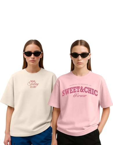 Image of Women's Oversized Cotton Blend Graphic T-Shirt Combo (Pack of 2) | Baggy Fit, Drop Shoulder, Half Sleeves | Sizes S to 2XL