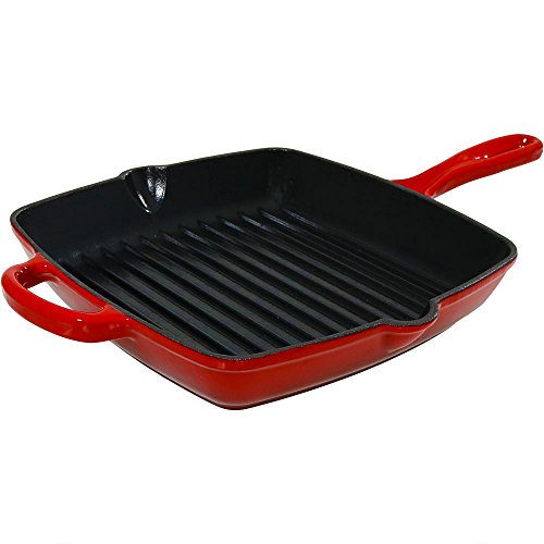 Sunnydaze 10-Inch Square Pre-Seasoned Cast Iron Grill Skillet Heavy Duty Cookware - Red Enameled Metal Pan - Stove and Oven Safe - Great for Frying and Grilling Food